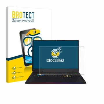 Parte frontal de un envase de producto con el logotipo de la marca BROTECT. Al lado se muestra el dispositivo MSI Raider A18 H