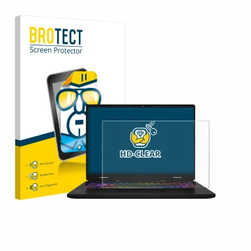 Parte frontal de un envase de producto con el logotipo de la marca BROTECT. Al lado se muestra el dispositivo MSI Vector 16 HX