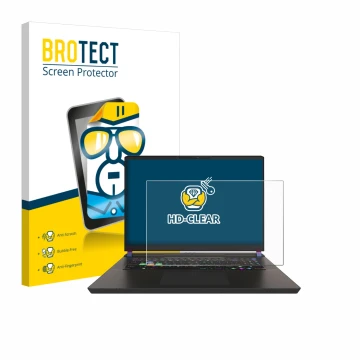 Parte frontal de un envase de producto con el logotipo de la marca BROTECT. Al lado se muestra el dispositivo MSI Vector 17 HX