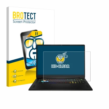 Parte frontal de un envase de producto con el logotipo de la marca BROTECT. Al lado se muestra el dispositivo MSI Vector A18 H