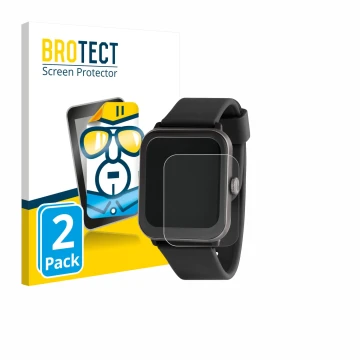 Parte frontal de un envase de producto con el logotipo de la marca BROTECT. Al lado se muestra el dispositivo Sector Smartwatc
