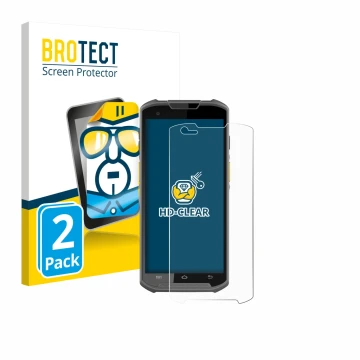 Parte frontal de un envase de producto con el logotipo de la marca BROTECT. Al lado se muestra el dispositivo Newland MT93 con