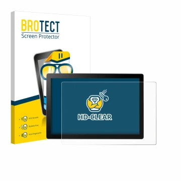 Parte frontal de un envase de producto con el logotipo de la marca BROTECT. Al lado se muestra el dispositivo Wacom Cintiq 16 