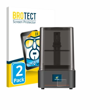 Parte frontal de un envase de producto con el logotipo de la marca BROTECT. Al lado se muestra el dispositivo Anycubic Photon 