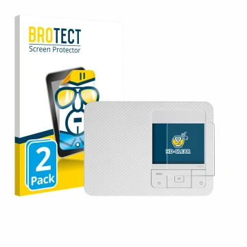 Parte frontal de un envase de producto con el logotipo de la marca BROTECT. Al lado se muestra el dispositivo Canon Selphy CP1