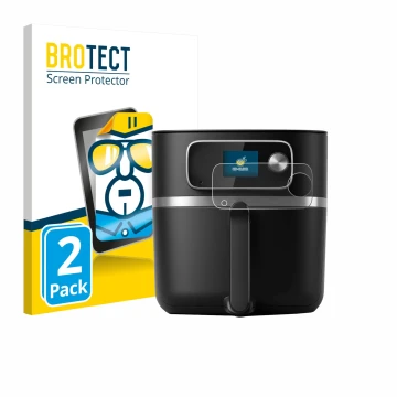 Parte frontal de un envase de producto con el logotipo de la marca BROTECT. Al lado se muestra el dispositivo Philips Airfryer
