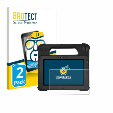 Parte frontal de un envase de producto con el logotipo de la marca BROTECT. Al lado se muestra el dispositivo Zebra XPad L10ax