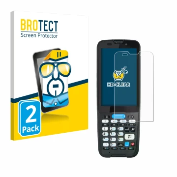 Parte frontal de un envase de producto con el logotipo de la marca BROTECT. Al lado se muestra el dispositivo Unitech HT330 co