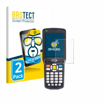 Parte frontal de un envase de producto con el logotipo de la marca BROTECT. Al lado se muestra el dispositivo Unitech HT510 co