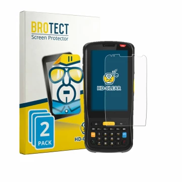 Parte frontal de un envase de producto con el logotipo de la marca BROTECT. Al lado se muestra el dispositivo Newland MT65 Bel