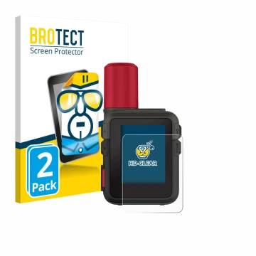 Parte frontal de un envase de producto con el logotipo de la marca BROTECT. Al lado se muestra el dispositivo Garmin inReach M