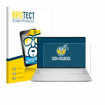 Parte frontal de un envase de producto con el logotipo de la marca BROTECT. Al lado se muestra el dispositivo Dell 16 Premium 