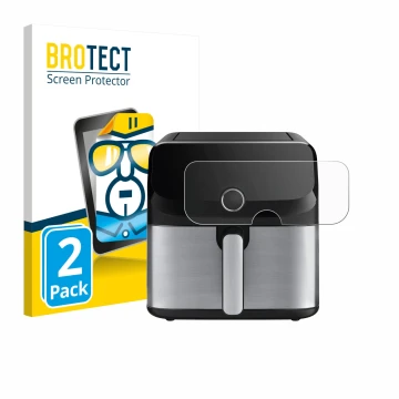 Parte frontal de un envase de producto con el logotipo de la marca BROTECT. Al lado se muestra el dispositivo Tefal Easy Fry M