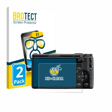 Parte frontal de un envase de producto con el logotipo de la marca BROTECT. Al lado se muestra el dispositivo Ricoh GR IV HDF 