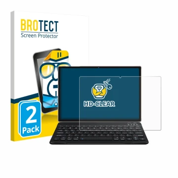 Parte frontal de un envase de producto con el logotipo de la marca BROTECT. Al lado se muestra el dispositivo DEERTiME E9 10.1