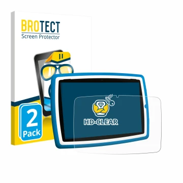 Parte frontal de un envase de producto con el logotipo de la marca BROTECT. Al lado se muestra el dispositivo Lisciani Mio Tab