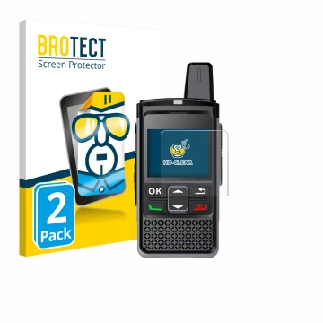 Parte frontal de un envase de producto con el logotipo de la marca BROTECT. Al lado se muestra el dispositivo Hytera PNC360S c