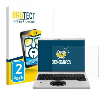 Parte frontal de un envase de producto con el logotipo de la marca BROTECT. Al lado se muestra el dispositivo Panasonic CF-FV3