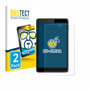 Parte frontal de un envase de producto con el logotipo de la marca BROTECT. Al lado se muestra el dispositivo Logicom Tab 80 8