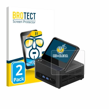 Parte frontal de un envase de producto con el logotipo de la marca BROTECT. Al lado se muestra el dispositivo AOOSTAR ‎G-FLIP 