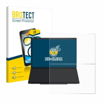 Parte frontal de un envase de producto con el logotipo de la marca BROTECT. Al lado se muestra el dispositivo ASUS ZenBook Duo