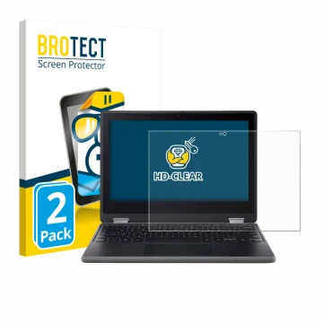 Parte frontal de un envase de producto con el logotipo de la marca BROTECT. Al lado se muestra el dispositivo Acer Chromebook 