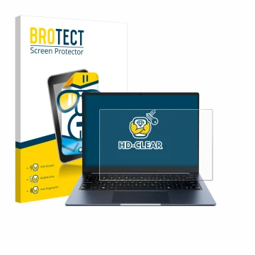 Parte frontal de un envase de producto con el logotipo de la marca BROTECT. Al lado se muestra el dispositivo Chuwi CoreBook A