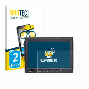Parte frontal de un envase de producto con el logotipo de la marca BROTECT. Al lado se muestra el dispositivo Feelworld FW759 
