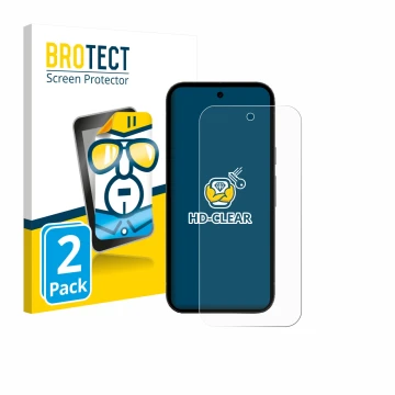 Parte frontal de un envase de producto con el logotipo de la marca BROTECT. Al lado se muestra el dispositivo Google Pixel 10a