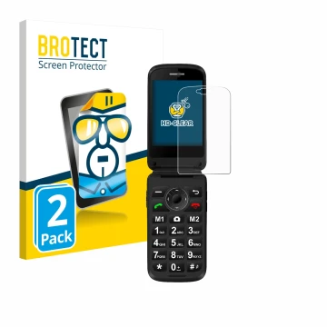 Parte frontal de un envase de producto con el logotipo de la marca BROTECT. Al lado se muestra el dispositivo Simvalley Mobile