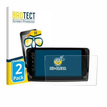 Parte frontal de un envase de producto con el logotipo de la marca BROTECT. Al lado se muestra el dispositivo Dynavin D9-DF432