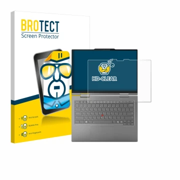 Parte frontal de un envase de producto con el logotipo de la marca BROTECT. Al lado se muestra el dispositivo Lenovo ThinkPad 