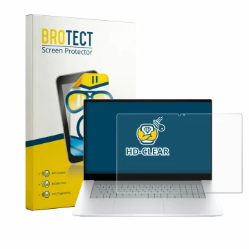 Parte frontal de un envase de producto con el logotipo de la marca BROTECT. Al lado se muestra el dispositivo HP OmniBook X 17