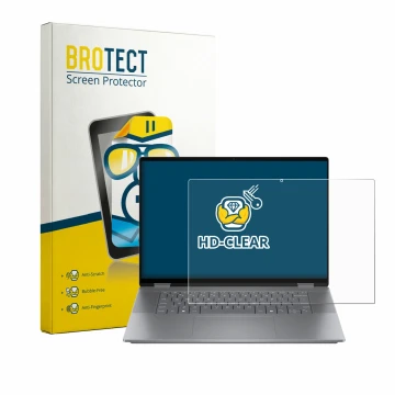 Parte frontal de un envase de producto con el logotipo de la marca BROTECT. Al lado se muestra el dispositivo HP OmniBook X Fl