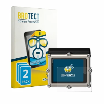 Parte frontal de un envase de producto con el logotipo de la marca BROTECT. Al lado se muestra el dispositivo Shearwater Petre