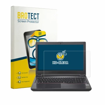 Parte frontal de un envase de producto con el logotipo de la marca BROTECT. Al lado se muestra el dispositivo Fujitsu Celsius 