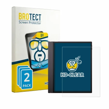 Parte frontal de un envase de producto con el logotipo de la marca BROTECT. Al lado se muestra el dispositivo Boox Note Air 6 