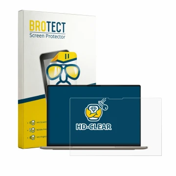 Parte frontal de un envase de producto con el logotipo de la marca BROTECT. Al lado se muestra el dispositivo Dell XPS Googleb
