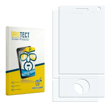 Parte frontal de un envase de producto con el logotipo de la marca BROTECT. Al lado está el protector de pantalla correspondie