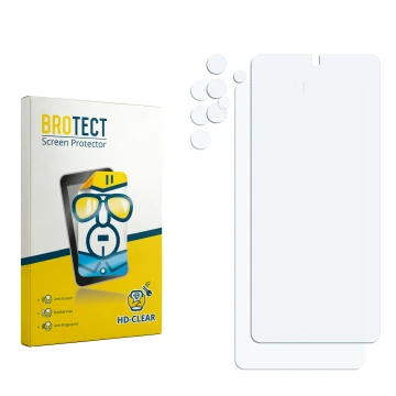 Parte frontal de un envase de producto con el logotipo de la marca BROTECT. Al lado está el protector de pantalla correspondie