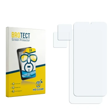 Parte frontal de un envase de producto con el logotipo de la marca BROTECT. Al lado está el protector de pantalla correspondie