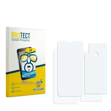Parte frontal de un envase de producto con el logotipo de la marca BROTECT. Al lado está el protector de pantalla correspondie