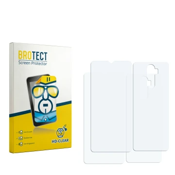 Parte frontal de un envase de producto con el logotipo de la marca BROTECT. Al lado está el protector de pantalla correspondie