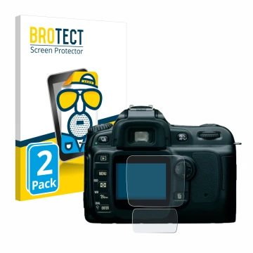 Parte frontal de un envase de producto con el logotipo de la marca BROTECT. Al lado se muestra el dispositivo Nikon D50 con su