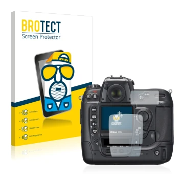 Parte frontal de un envase de producto con el logotipo de la marca BROTECT. Al lado se muestra el dispositivo Nikon D2X con su
