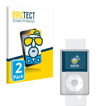 Parte frontal de un envase de producto con el logotipo de la marca BROTECT. Al lado se muestra el dispositivo Apple iPod Class