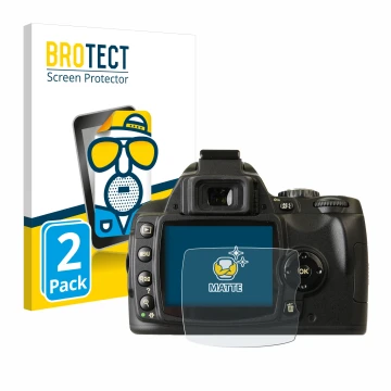 Parte frontal de un envase de producto con el logotipo de la marca BROTECT. Al lado se muestra el dispositivo Nikon D40x con s