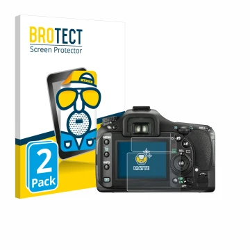 Parte frontal de un envase de producto con el logotipo de la marca BROTECT. Al lado se muestra el dispositivo Pentax K20D con 