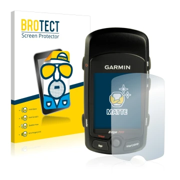 Parte frontal de un envase de producto con el logotipo de la marca BROTECT. Al lado se muestra el dispositivo Garmin Edge 705 