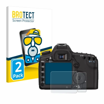 Parte frontal de un envase de producto con el logotipo de la marca BROTECT. Al lado se muestra el dispositivo Canon EOS 5D Mar